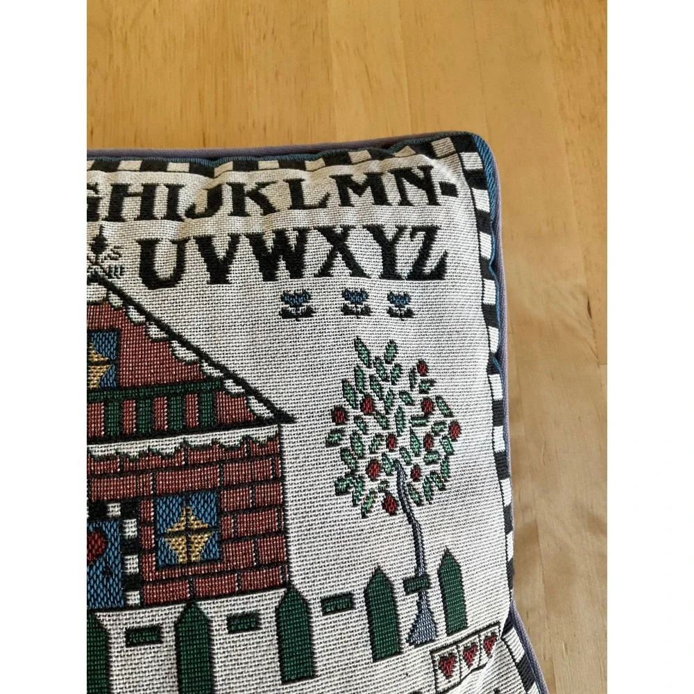 Vintage Home Sweet Home Sampler Woven Tapestry Throw Pillow Folk Art Blue 11x12